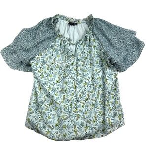 Ladies  blue & green floral ruffled short sleeve Lined Size Small by Kaari Blue